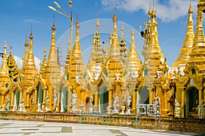 Pagodas encircle the gilded stupa of Shwedagon Pagoda
