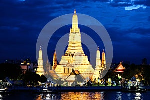 Pagodas of the Temple at Dawn in night light under deep blue sky