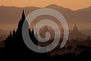Pagodas and Temples in Bagan at sunrise