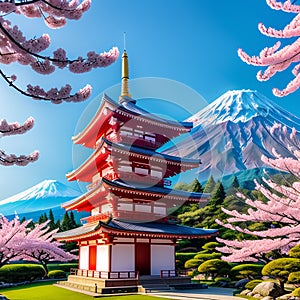 Pagode and Mount with cherry blossom tree during spring season. Generative AI photo