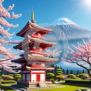 Pagode and Mount with cherry blossom tree during spring season. Generative AI photo