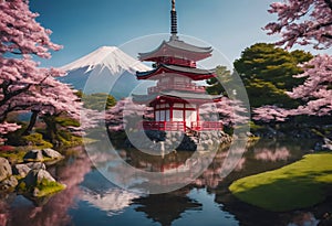 Pagode and Mount with cherry blossom tree during spring season. Generative AI photo