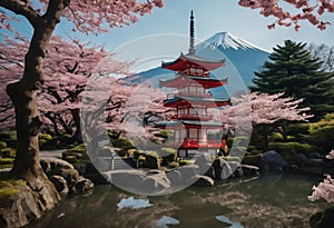 Pagode and Mount with cherry blossom tree during spring season. Generative AI photo