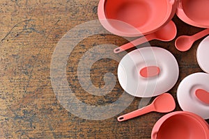 Pahang, Malaysia : 18th October 2020 - Tupperware serving set with wood table background