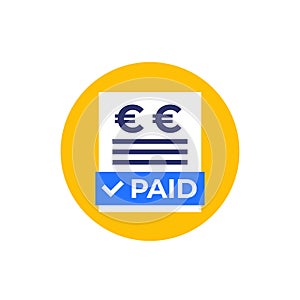 paid bills icon with euro, flat vector