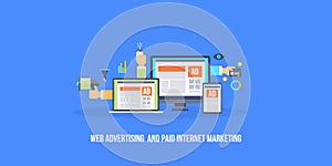 Paid internet marketing, web advertising, social media ads, website ads, concept. Flat design vector banner.