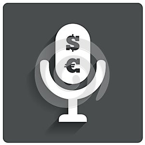 Paid Music icon. Microphone dollar, euro symbol.