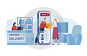 Paid package order delivery concept, online graphic freight parcel service, vector illustration. Flat business store for