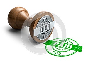 Paid stamp. Wooden round stamper and stamp with text Paid on white background. 3d illustration. rubber stamp.