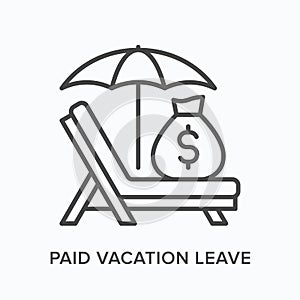 Paid vacation flat line icon. Vector outline illustration of money bag, umbrella and sun lounger. Black thin linear