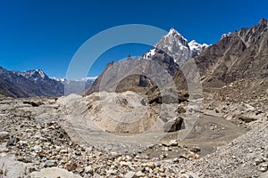 Paiju peak behind baltoro glacier with river curve, K2 trek, Pakistan