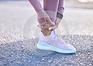 Pain, ankle hands and fitness injury on road or street outdoors after accident. Sports, training athlete and black woman