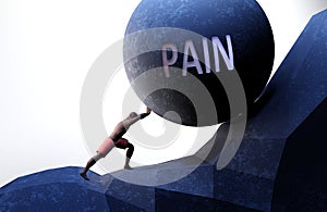 Pain as a problem that makes life harder - symbolized by a person pushing weight with word Pain to show that Pain can be a burden