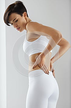 Pain. Beautiful Female Having Painful Feeling In Back, Backache