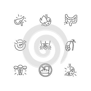 Pain in belly linear icons set