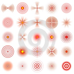 Pain circle. Red pain sonar circles, human pain localisation rings vector illustration set. Medical pain sonar circles