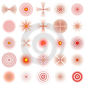 Pain circle. Red pain sonar circles, human pain localisation rings vector illustration set. Medical pain sonar circles photo