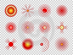 Pain circles. Red painful target spot, muscle and joint pain local spots. Headaches, belly hurt or sound waves vector