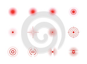 Pain circles. Red painful target spot, targeting medication remedy circle and joint pain spots