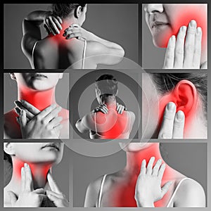 Pain in different woman`s body parts, chronic diseases of the female body, collage of several photos