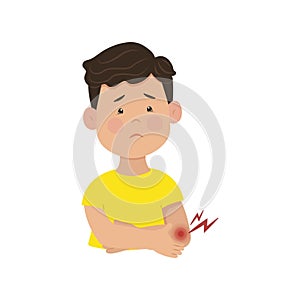 Pain in the ear, Boy holding his ear winced in pain, Vector illustration. Otitis ear infections in children