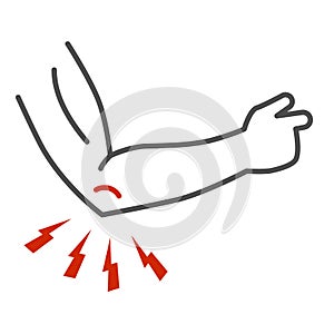 Pain in elbow thin line icon, Body pain concept, Elbow pain sign on white background, arm ache icon in outline style for
