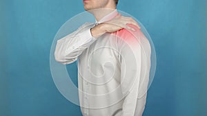 Pain in the forearm muscle or shoulder joint in area of collar bone and shoulder blade due to long-term work at the