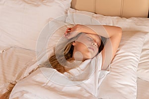 Pain phone head young girl sleep mobile beautiful eyes sleeping, concept morning caucasian for health from smile calm