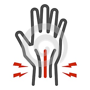 Pain in hand line icon, Body pain concept, injury in hand joint sign on white background, Human hand and wrist pain