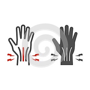 Pain in hand line and solid icon, Body pain concept, injury in hand joint sign on white background, Human hand and wrist