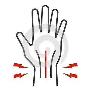 Pain in hand thin line icon, Body pain concept, injury in hand joint sign on white background, Human hand and wrist pain
