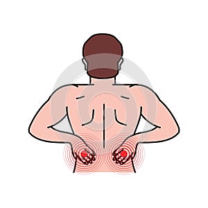 Pain in the human back. Backache. Pain in different part of man body set. Health problem of muscle pain and spinal