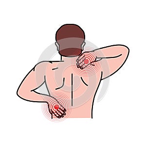 Pain in the human back and neck. Ache in head, neck and back. Pain in different part of man body set. Health problem of