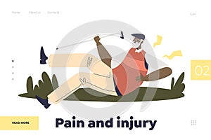 Pain and injury concept of landing page with senior man stumble while walking and fall hurt back