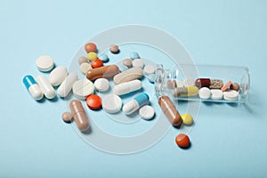 Pain killer pills, medicament concept. Pharmacy and medicine background