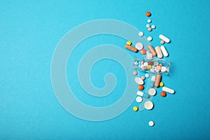 Pain killer pills, medicament concept. Pharmacy and medicine background. Copy space for text
