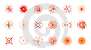 Pain localization red circle mark set. Aching place abstract sign. Sore spot or hurt body part marker. Painkiller