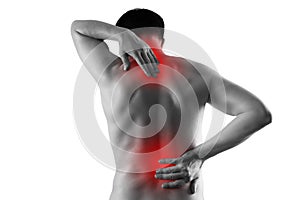 Pain in the male body, man with back ache, sciatica and scoliosis isolated on white background, chiropractor treatment concept