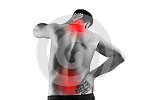 Pain in the male body, man with back ache, sciatica and scoliosis isolated on white background, chiropractor treatment concept