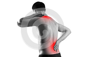 Pain in the male body, man with back ache, sciatica and scoliosis isolated on white background, chiropractor treatment concept