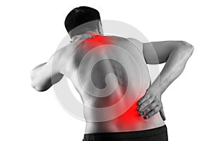 Pain in the male body, man with back ache, sciatica and scoliosis isolated on white background, chiropractor treatment concept