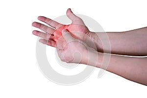 Pain in a man`s palm on a white background