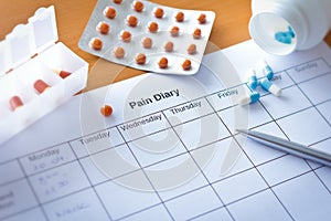 Pain management concept: weekly pain diary spreadsheet with pen and medicine.