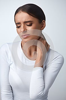 Pain In Neck. Beautiful Woman Having Painful Feeling, Body Pain