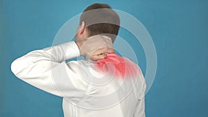 Pain in the neck muscles and shoulders due to long-term work at the computer. Myositis. Concept of kyphosis or