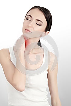 Pain In Neck Portrait Of Beautiful Young Woman Suffering From Body Pain. Attractive Female Feeling Tired, Exhausted, Stressed, Hol