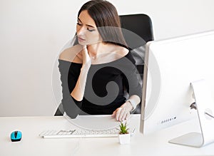 Pain neck. Tired business woman holding her neck