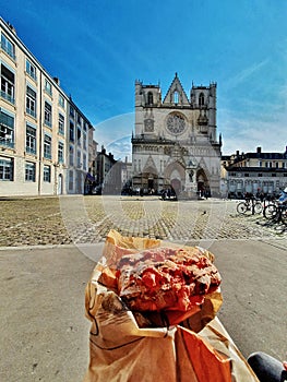 Pain parine and the cathedral Saint-Jean, Vieux Lyon, old town of Lyon, France