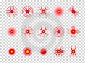 Pain red circle. Painful spots pointing medical muscular concentration on transparent background. Vector icon
