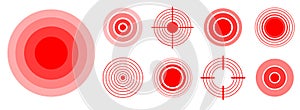 Pain red rings to mark painful woman and man body parts, neck, bones, muscle and headache. Medical vector set of radial